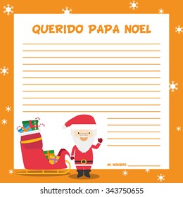 Santa Claus letter template vector illustration for Christmas time in Spanish, with child character, sled and presents. Text translation: Dear Santa Claus