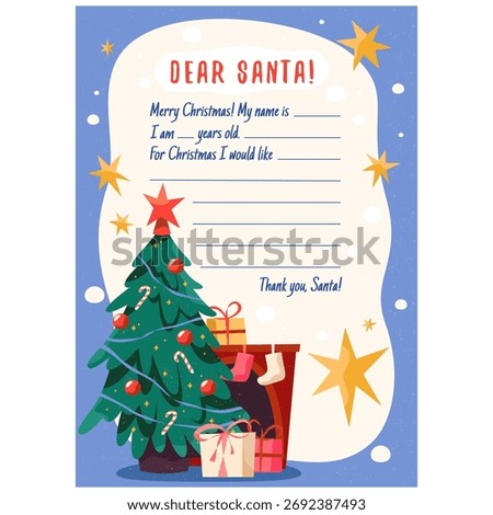 Santa Claus letter template. Vector Christmas mail or kid wish list. Holiday greeting and festive message to north pole. Winter merry Xmas writing. Paper page with present or gift request. Wonder.