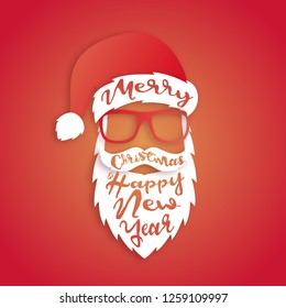 Santa Claus with lettering Merry Christmas and Happy New Year. Paper Cut style. 