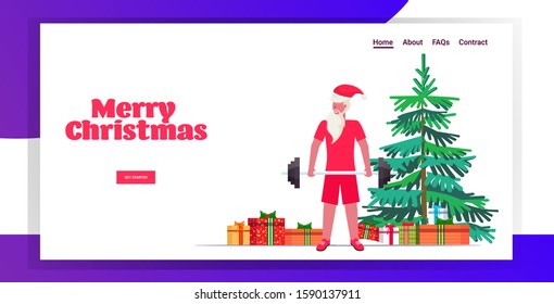 santa claus lifting barbell bearded man training workout healthy lifestyle concept christmas new year holidays celebration horizontal greeting card full length vector illustration
