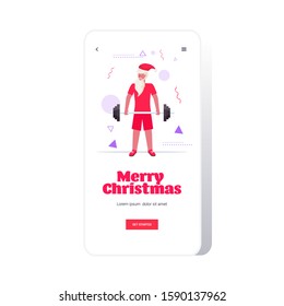 santa claus lifting barbell bearded man training workout healthy lifestyle concept christmas new year holidays celebration smartphone screen online mobile app full length vector illustration