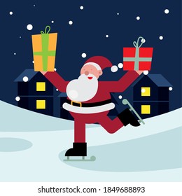 santa claus lifting gifts in skates christmas character vector illustration design