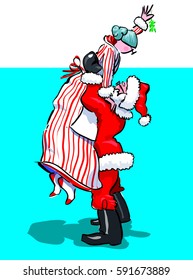 Santa Claus lifting Mrs. Clause in the air with mistletoe. Vector