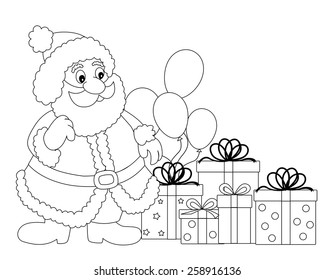 Santa Claus line art with gifts and balloons for kids coloring books 