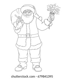 Santa Claus line cartoon with bag of gifts and petard page for coloring book. Vector illustration on white background.