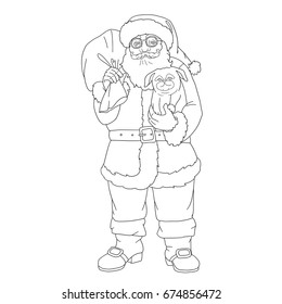  Santa Claus line contour cartoon with bag of gifts and pug dog page for coloring book.
