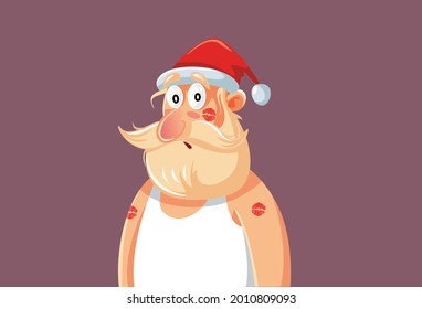 Santa Claus With Lipstick Marks Feeling in Love. Funny surprised Santa receiving of gratitude on Christmas night
