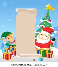 santa claus with list of christmas presents vector cartoon illustration