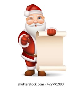 Santa Claus with a list of gifts to buy gifts recalls. Vector realistic illustration in 3D style. Isolated character on a white background.