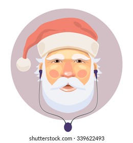 Santa Claus listening music in earphones. Vector icon.