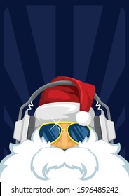 Santa Claus is listening to music on headphones. He is wearing stylish glasses. A dark blue background is suitable for writing congratulatory text or advertising. Create your own unique poster, banner