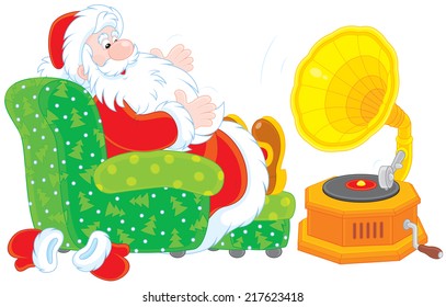 Santa Claus listening to music on his old gramophone