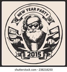 Santa Claus is listening to music,rides on deer smoking a cigar. New Year and Marry Christmas card