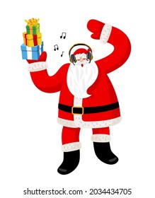 Santa Claus listens to music with headphones, dances and holds three gift boxes in his hand. Amazing funny character for New Year card, banner or poster. Happy New Year and Merry Christmas. Vector.