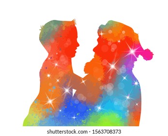 Santa Claus with a little boy in his arms. Multicolored abstract silhouette. Merry Christmas. Vector