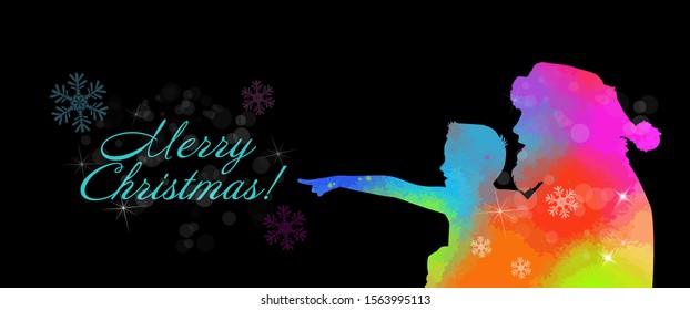 Santa Claus with a little boy in his arms. Multicolored abstract silhouette. Merry Christmas. Vector