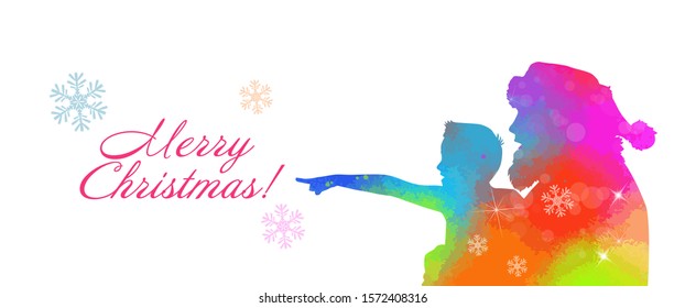 Santa Claus with a little boy in his arms. Multicolored abstract silhouette. Merry Christmas. Vector illustration