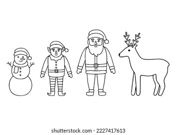 Papá Noel, elfo pequeño, muñeco de nieve y ciervo, doodle de cola Navidad. Carácter tradicional de mano en temporada de vacaciones de invierno. Ilustración del vector