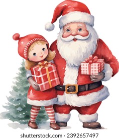 Santa Claus and little girl with christmas giftbox watercolor vector illustration