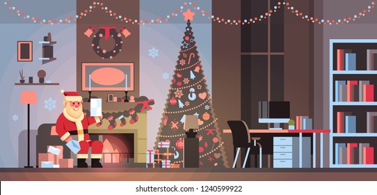 santa claus in living room decorated for christmas new year holiday sit armchair pine tree fireplace read letter wish list home interior concept flat horizontal