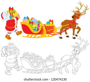 Santa Claus loading colorful gift boxes with Christmas presents in his sleigh