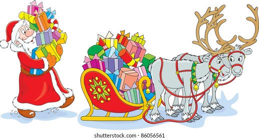 Santa Claus loading his sleigh with Christmas presents
