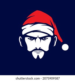 Santa claus logo vector line neon art potrait colorful design with dark background. Abstract graphic illustration. Isolated black background for t-shirt, poster, clothing, merch