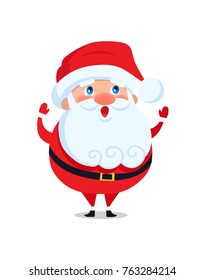 Santa Claus with long beard greets everyone and wishes Merry Christmas and Happy New Year, cartoon character in red costume isolated on white background