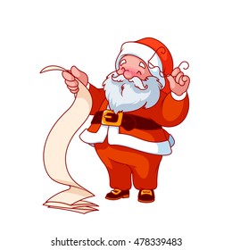 Santa Claus with long scroll. Vector cartoon character isolated on a white background.