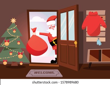 santa claus look out doorway come home with gift bag merry christmas