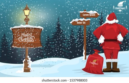 Santa Claus looking at a arrow with winter landscape and snowflakes. Street lamp and merry christmas writing. Cartoon style flat color vector illustration.