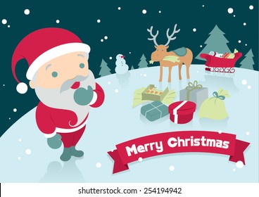 Santa Claus is looking astonished at his rein deer that is eating one of the christmas presents. On the background there is see snow, pine trees, santa's sleigh and more presents.