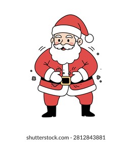Santa Claus looking down and cleaning or dusting off soot and dirt from his red suit, isolated on white background. Flat design vector illustration for chimney delivery aftermath.