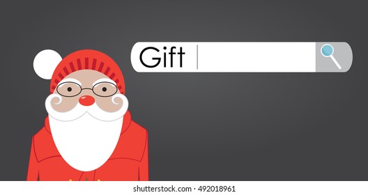 Santa Claus is looking for gifts on the internet. New Year Present Concept. Vector illustration with copy space