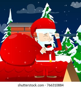 Santa Claus looking for opportunity through a telescope. Vector cartoon character illustration.