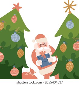 Santa Claus looking out from behind the green decorated fir trees. Christmas background for banners and greeting cards. Old Character holding a gift. Vector flat hand drawn illustation.