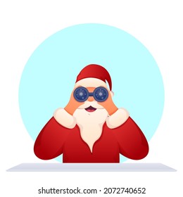 Santa Claus Looking Through Binocular On Blue And White Background.