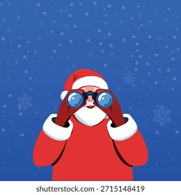 Papai Noel Olhando através de binóculos no fundo de inverno azul, Natal venda Search Concept, Ilustração de vetor plano