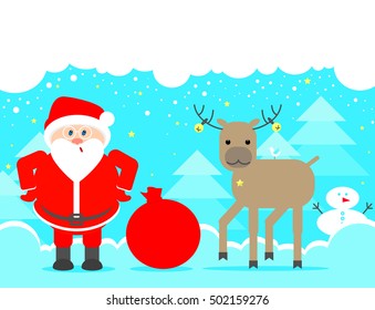 Santa Claus looking up. Christmas background with reindeer and Santa Claus. Vector