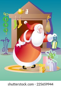 Santa Claus looks at the gift packages in front of the fireplace  illustration christmas calendar greetings postcard