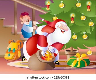 Santa Claus looks at the gift packages in front of the fireplace illustration christmas calendar greetings postcard