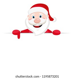 Santa Claus looks out from behind the white sheet and points his finger at him.