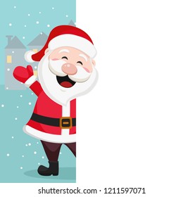 Santa Claus looks out from behind the white sheet and wave his hand.