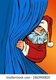 Santa Claus looks out from behind the curtain. Christmas background. Pop art retro illustration 50s 60s kitsch vintage style