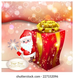 Santa Claus looks out for Christmas gift on a bright background with snowflakes and glitter