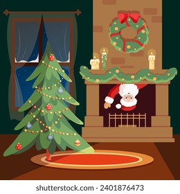 Santa Claus looks out from the fireplace. Room interior with christmas decorations.
Flat cartoon style vector illustration. For Christmas cards. Holiday cartoon character