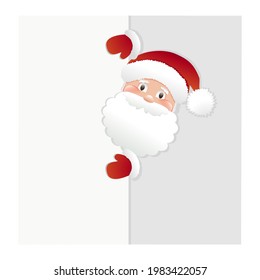 Santa Claus looks out from under a blank banner. Getting ready for the New Year's holiday. Vector. Cartoon style.