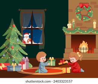 Santa Claus looks out the window. Children opening gifts under Christmas tree near fireplace.

Flat cartoon style vector illustration. For Christmas cards. Holiday cartoon character