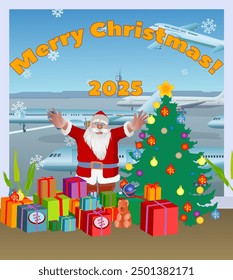 Santa Claus with lots of boxes filled with toys and gifts for children standing in the airport waiting hall near a fir tree.  With a text Merry Cristmas! 2025. Vector illustration.