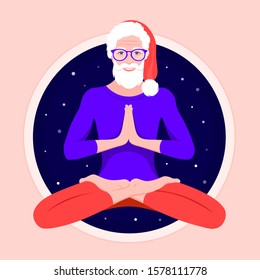 Santa Claus in lotus position. An elderly man practices yoga in a Christmas hat. Levitation. Vector flat illustration